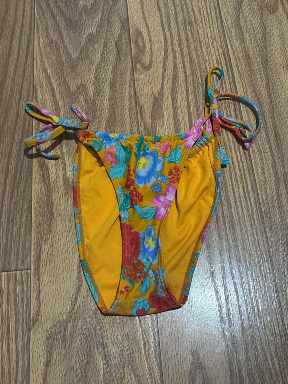 Xhilaration Yellow Floral Tie-Side Bikini Bottom with Blue Accents
